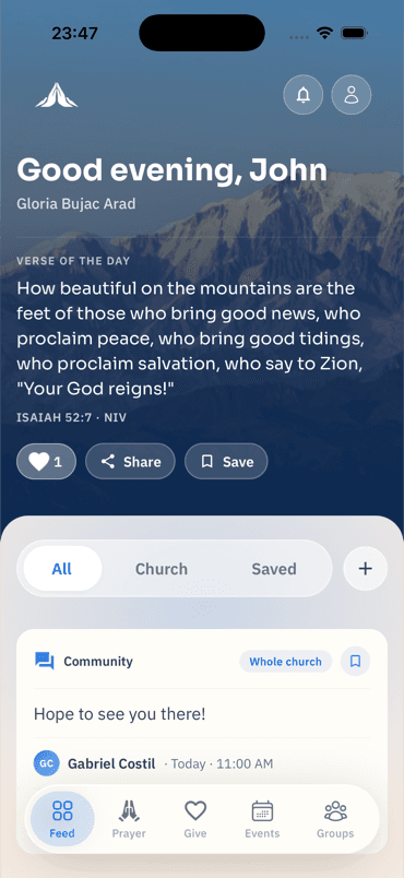 The SYNAI member app — the community feed and verse of the day
