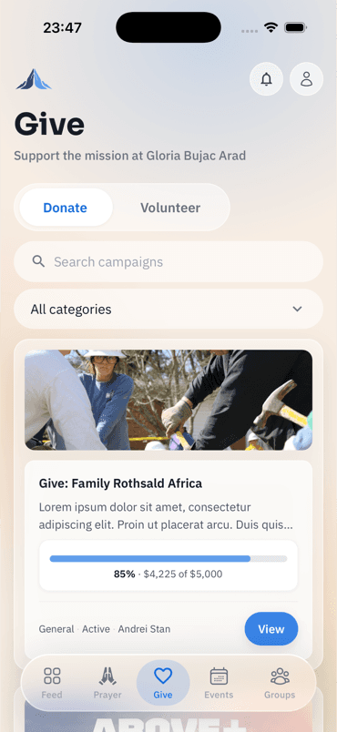 The SYNAI member app — giving campaigns with live progress